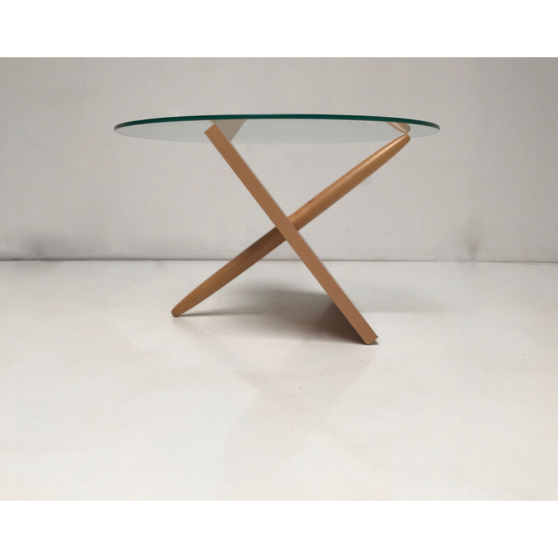 Vintage round coffee table in beech and sculptural glass Netherlands 1990