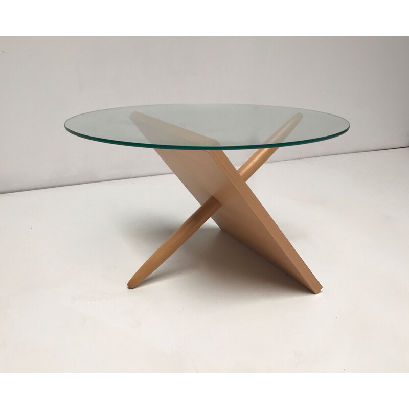 Vintage round coffee table in beech and sculptural glass Netherlands 1990