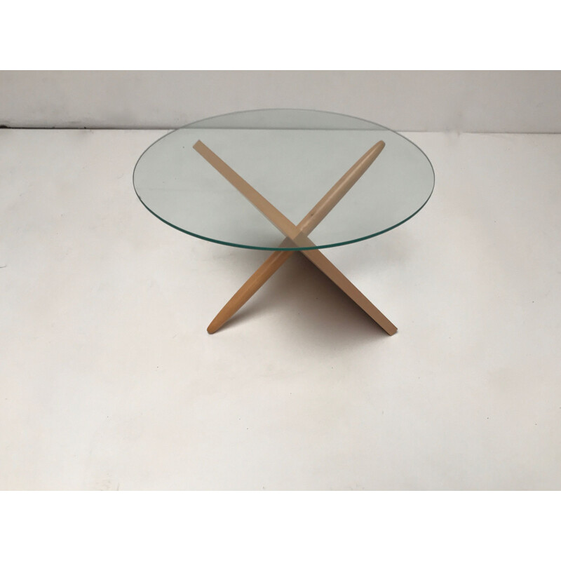 Vintage round coffee table in beech and sculptural glass Netherlands 1990