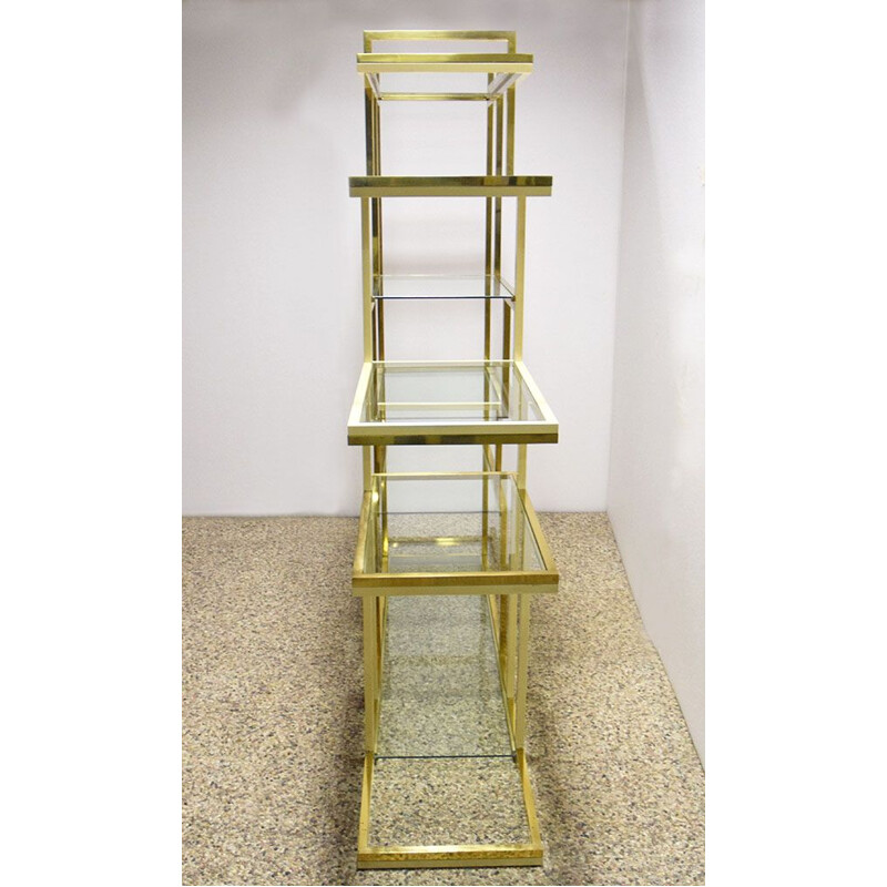 Vintage brass bookcase with glass shelves by Romeo Rega 1970