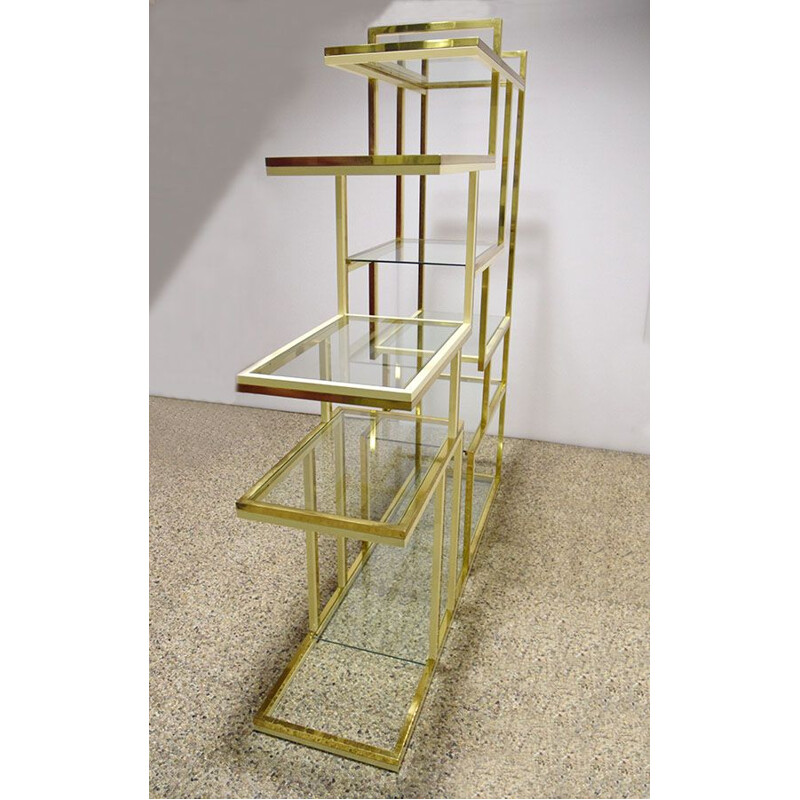 Vintage brass bookcase with glass shelves by Romeo Rega 1970
