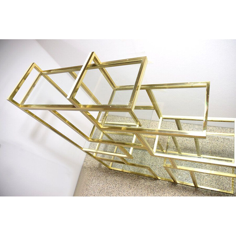 Vintage brass bookcase with glass shelves by Romeo Rega 1970