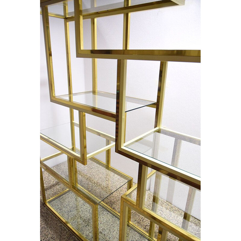 Vintage brass bookcase with glass shelves by Romeo Rega 1970