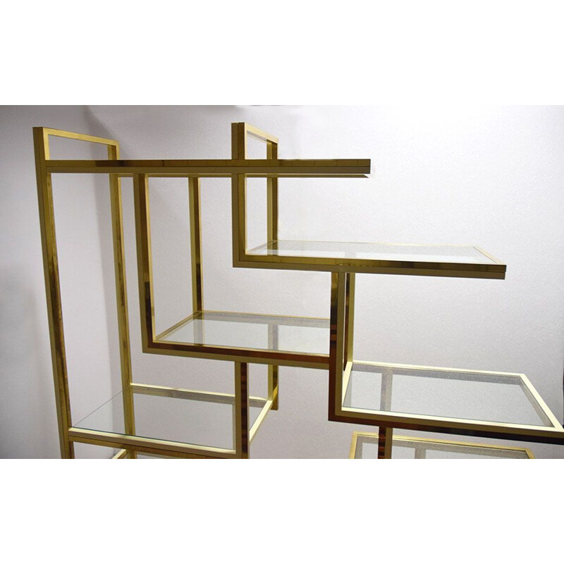 Vintage brass bookcase with glass shelves by Romeo Rega 1970