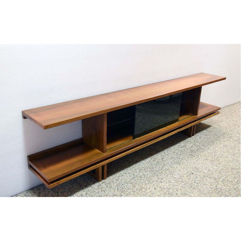 Vintage long sideboard in walnut and glass 1970