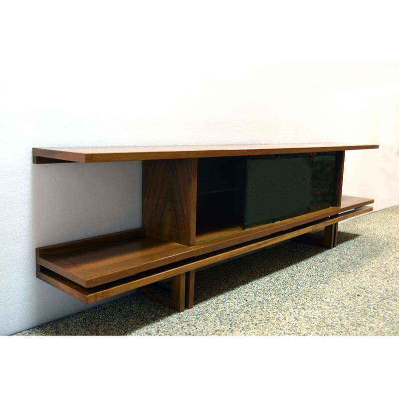 Vintage long sideboard in walnut and glass 1970