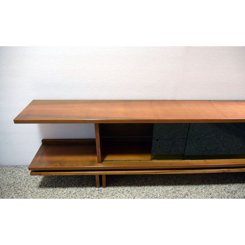 Vintage long sideboard in walnut and glass 1970