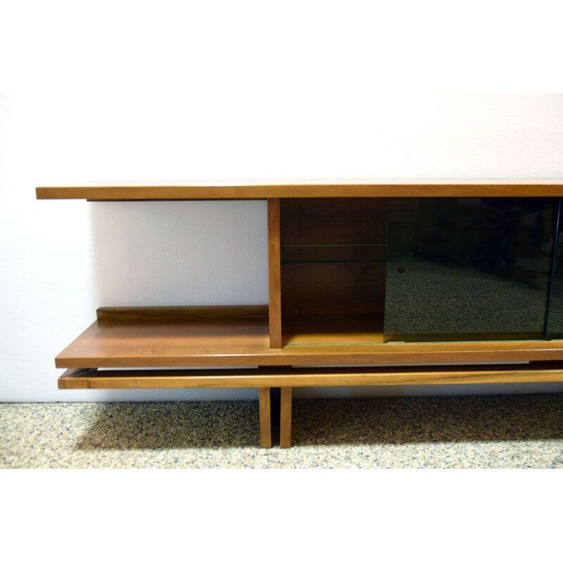 Vintage long sideboard in walnut and glass 1970