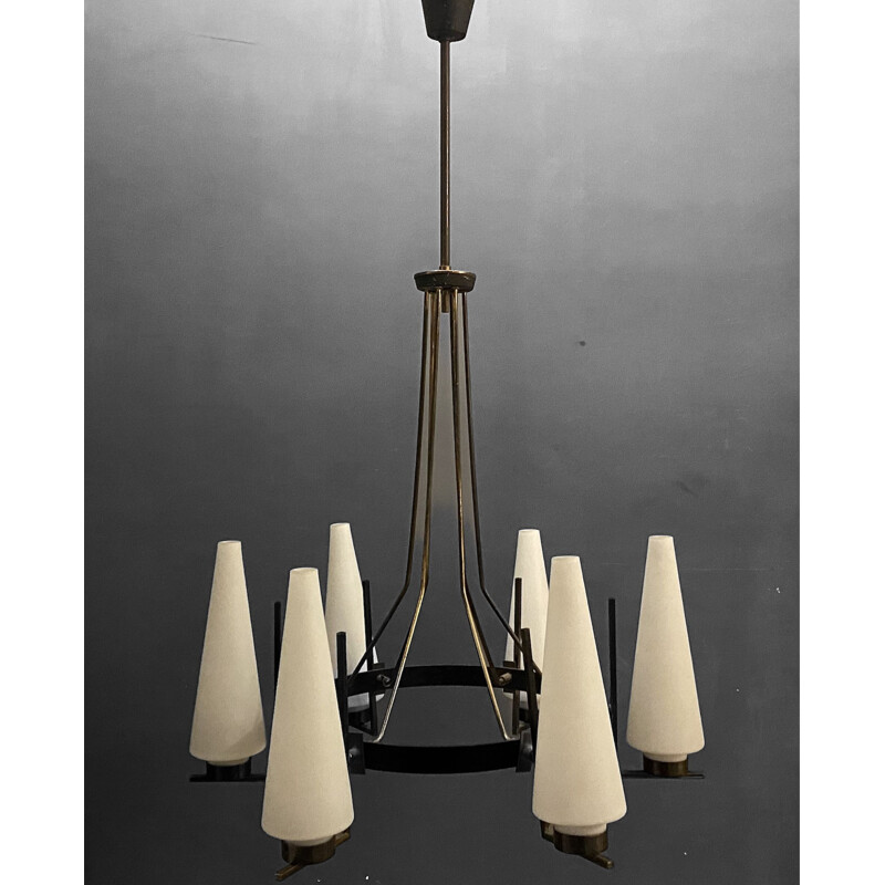 Lampadario vintage Stilnovo in vetro opalino, 1950