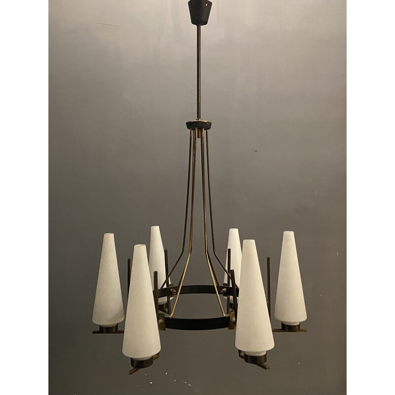 Lampadario vintage Stilnovo in vetro opalino, 1950