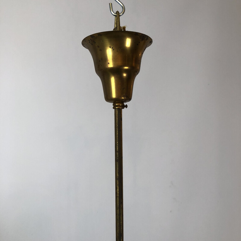 Vintage brass and opaline glass chandelier Arredoluce, Italy 1950
