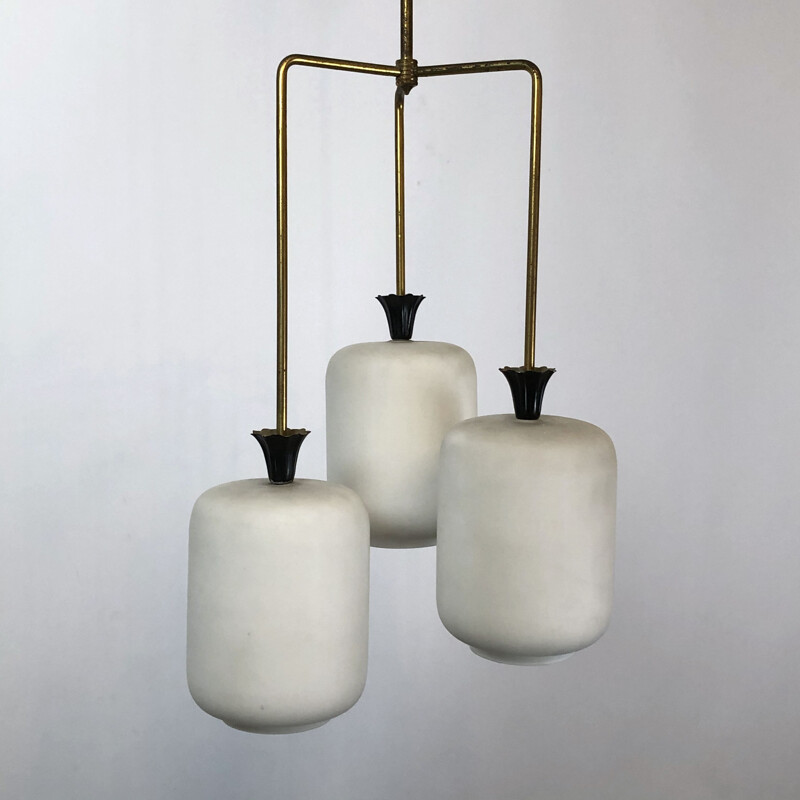 Vintage brass and opaline glass chandelier Arredoluce, Italy 1950