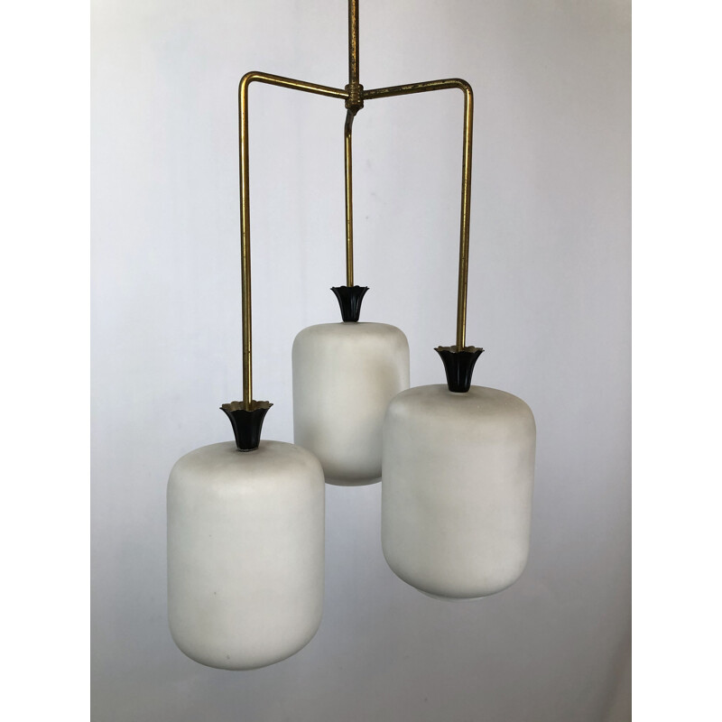 Vintage brass and opaline glass chandelier Arredoluce, Italy 1950