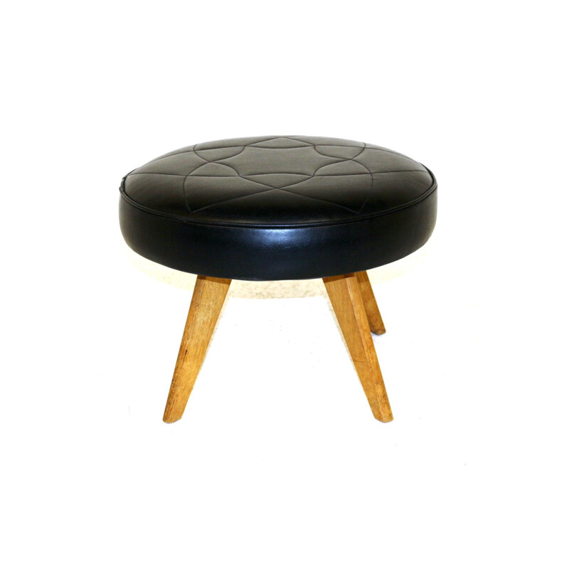 Vintage oak and imitation leather tripod stool, Sweden 1970