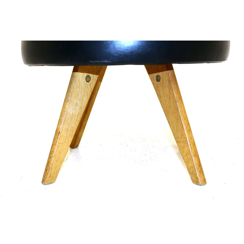 Vintage oak and imitation leather tripod stool, Sweden 1970