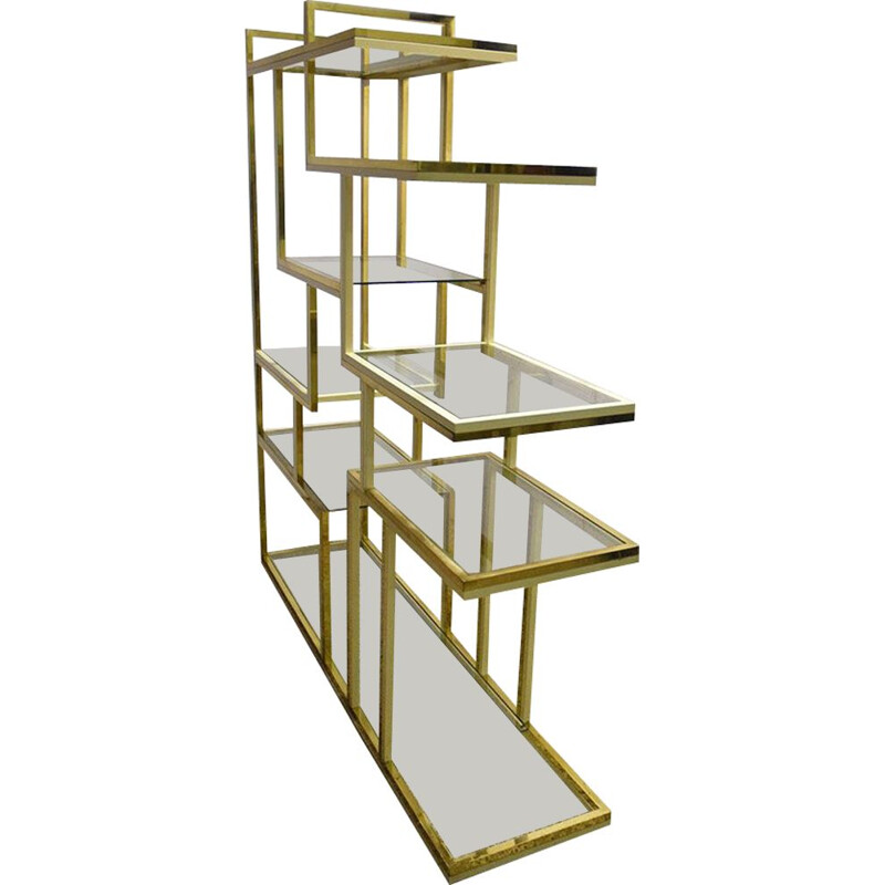 Bibliothèque vintage en laiton avec étagères en verre de Romeo Rega 1970