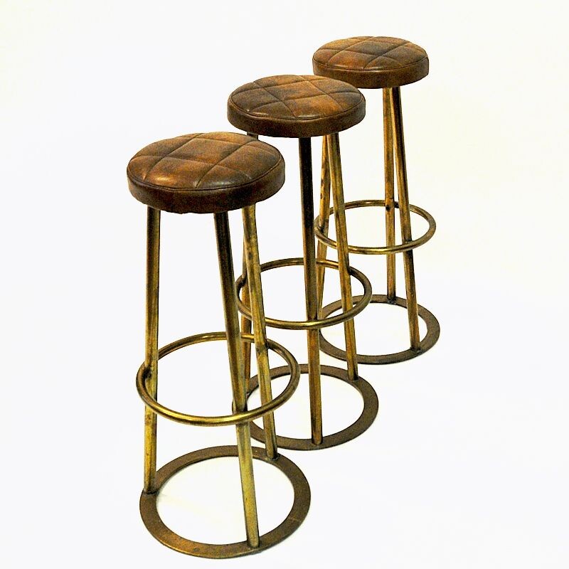 Lot de 3 tabourets de bar vintage en laiton et cuir, Scandinave 1950