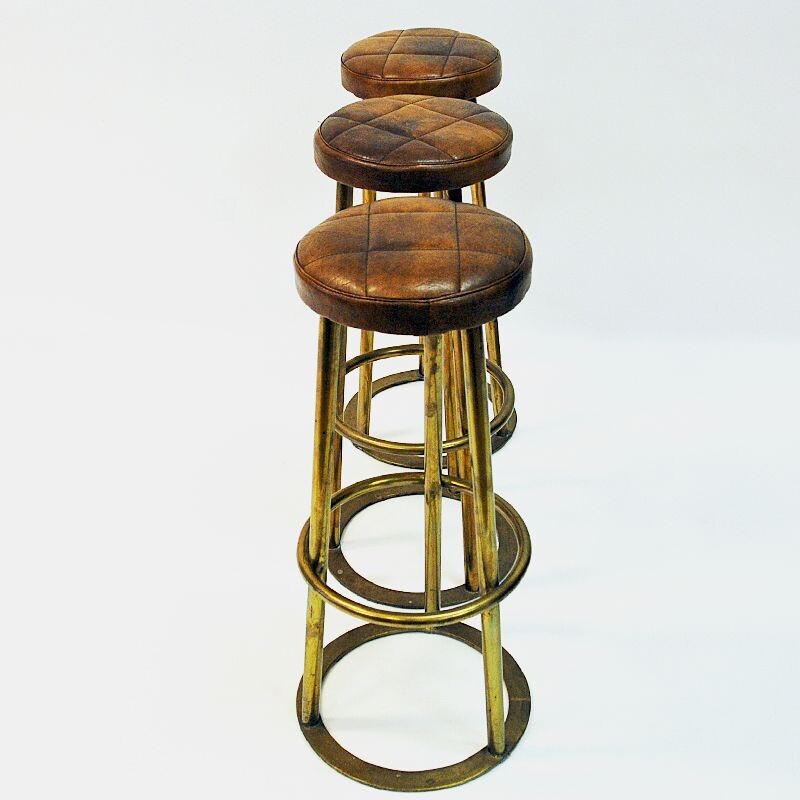 Set of 3 vintage brass and leather bar stools, Scandinavian 1950s