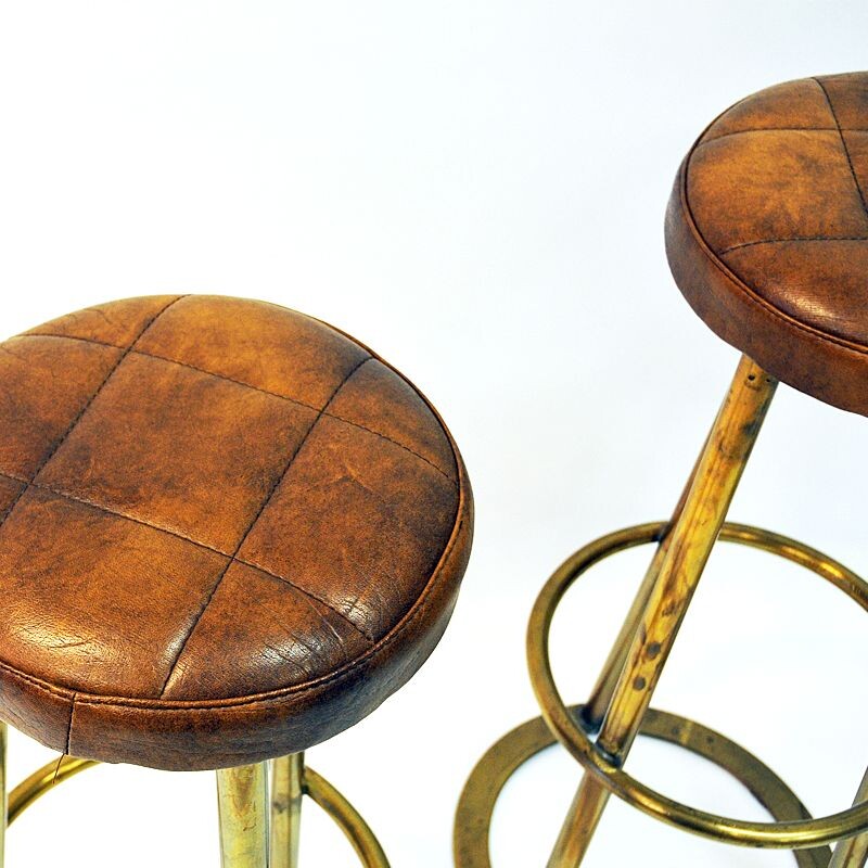 Set of 3 vintage brass and leather bar stools, Scandinavian 1950s