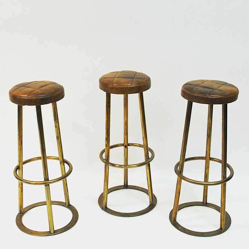 Set of 3 vintage brass and leather bar stools, Scandinavian 1950s