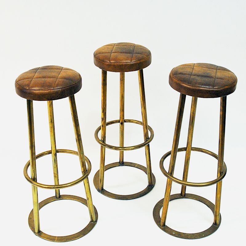 Set of 3 vintage brass and leather bar stools, Scandinavian 1950s