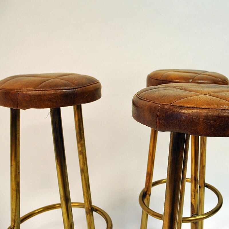 Set of 3 vintage brass and leather bar stools, Scandinavian 1950s