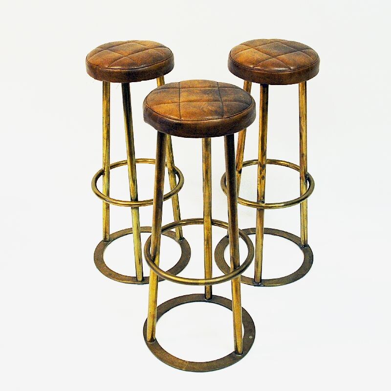 Set of 3 vintage brass and leather bar stools, Scandinavian 1950s