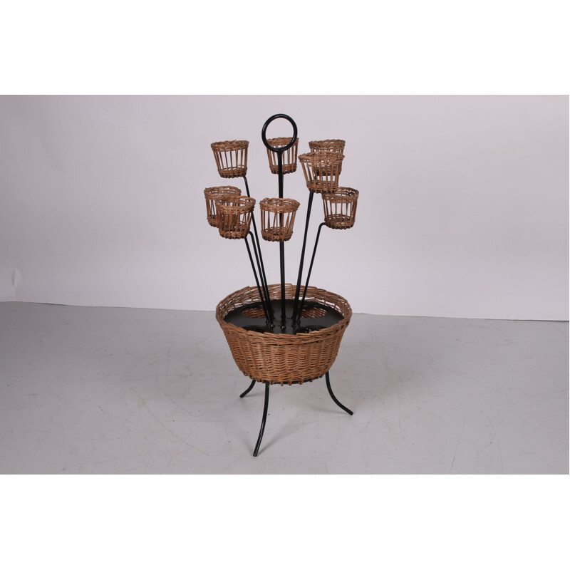 Vintage rattan bottle holder with glass holder and metal legs, 1960