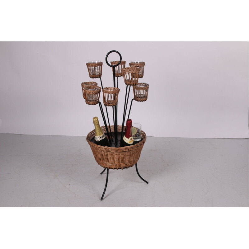 Vintage rattan bottle holder with glass holder and metal legs, 1960