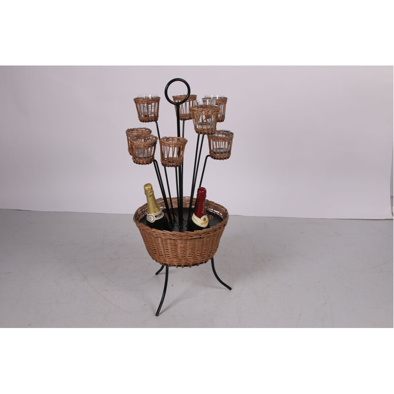 Vintage rattan bottle holder with glass holder and metal legs, 1960