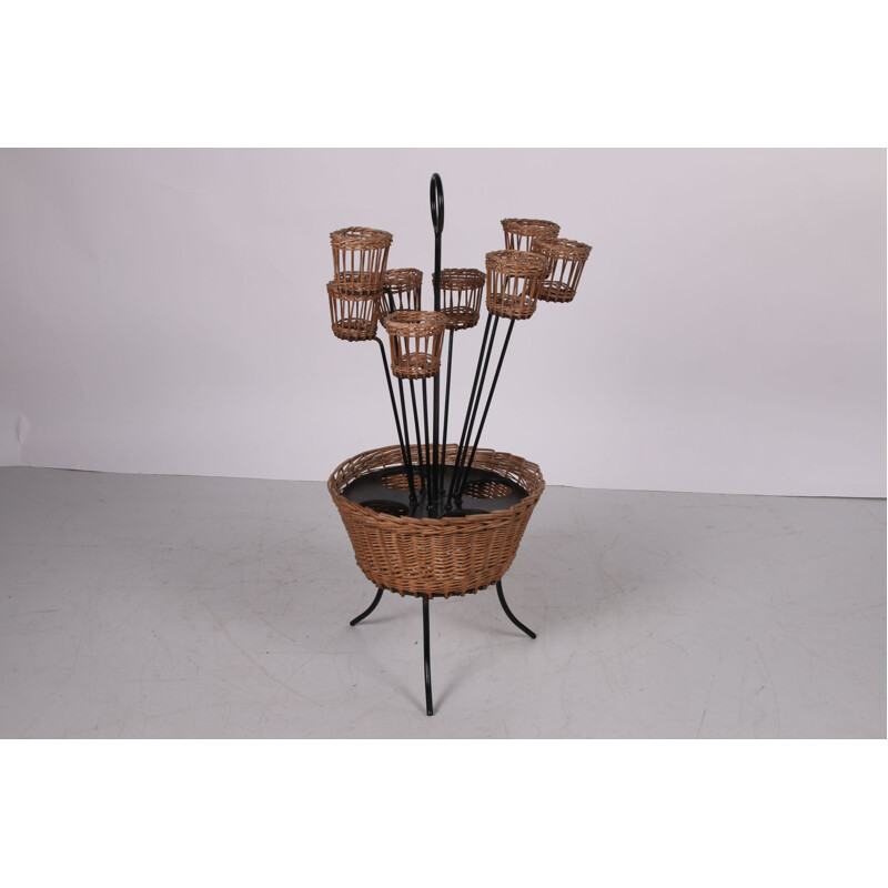 Vintage rattan bottle holder with glass holder and metal legs, 1960