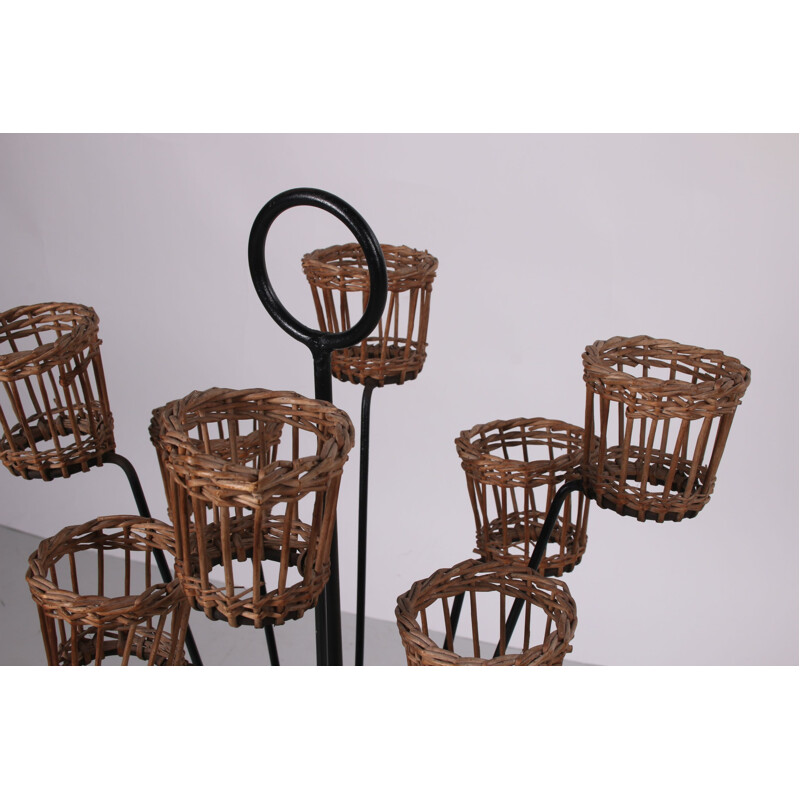 Vintage rattan bottle holder with glass holder and metal legs, 1960