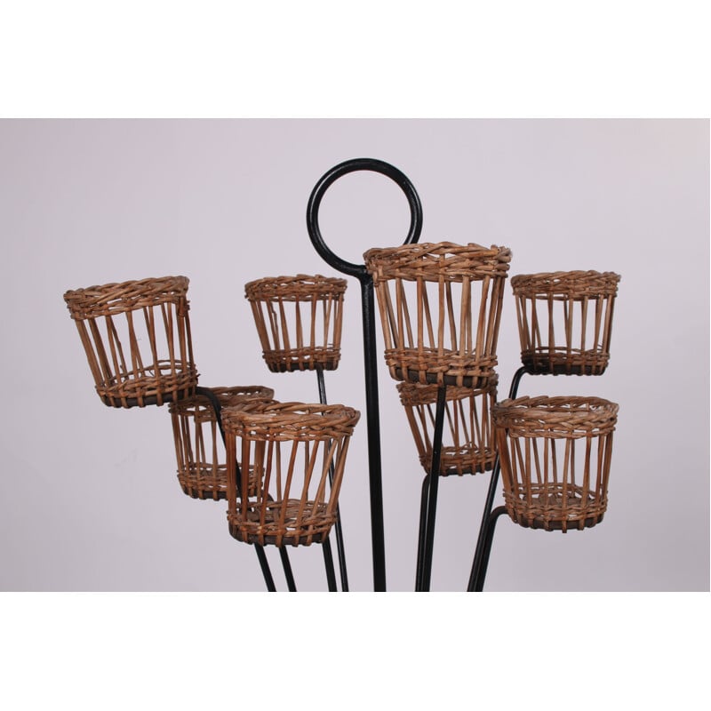 Vintage rattan bottle holder with glass holder and metal legs, 1960