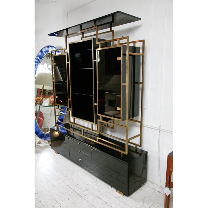 Large black storage in brass and glass, Guy LEFEVRE - 1970s