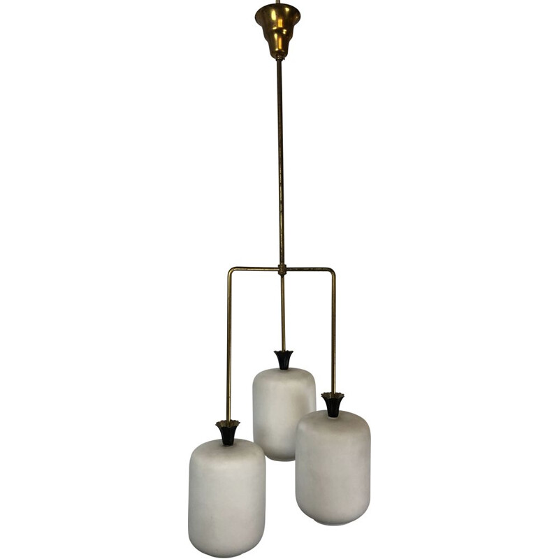 Vintage brass and opaline glass chandelier Arredoluce, Italy 1950