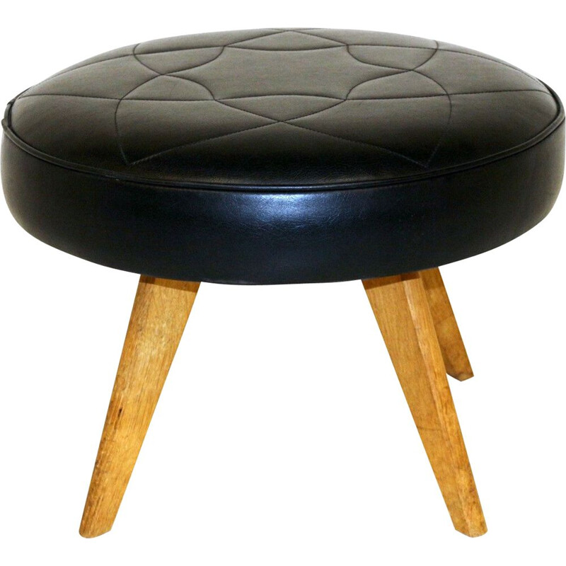 Vintage oak and imitation leather tripod stool, Sweden 1970