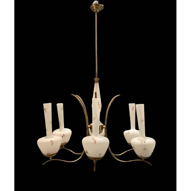 Vintage Opaline Glass Chandelier from Stilnovo 1950s