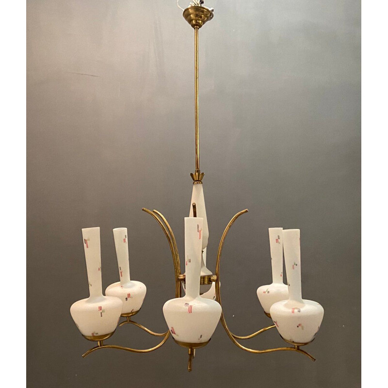 Vintage Opaline Glass Chandelier from Stilnovo 1950s