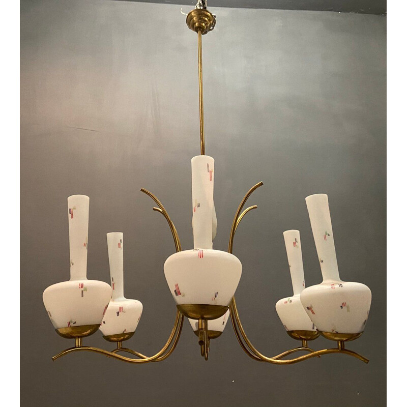 Vintage Opaline Glass Chandelier from Stilnovo 1950s