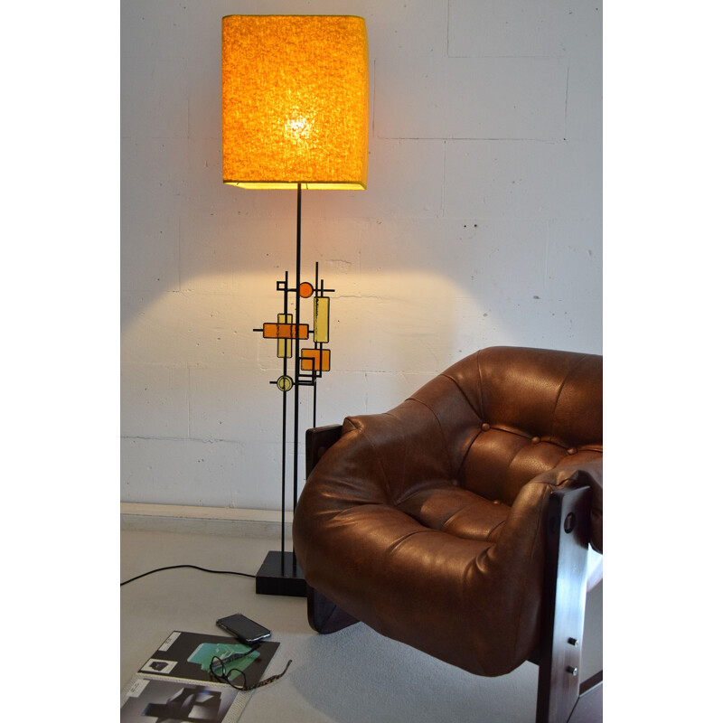 Modern vintage floor lamp in wrought iron and glass by Holm Sorensen, Denmark 1960