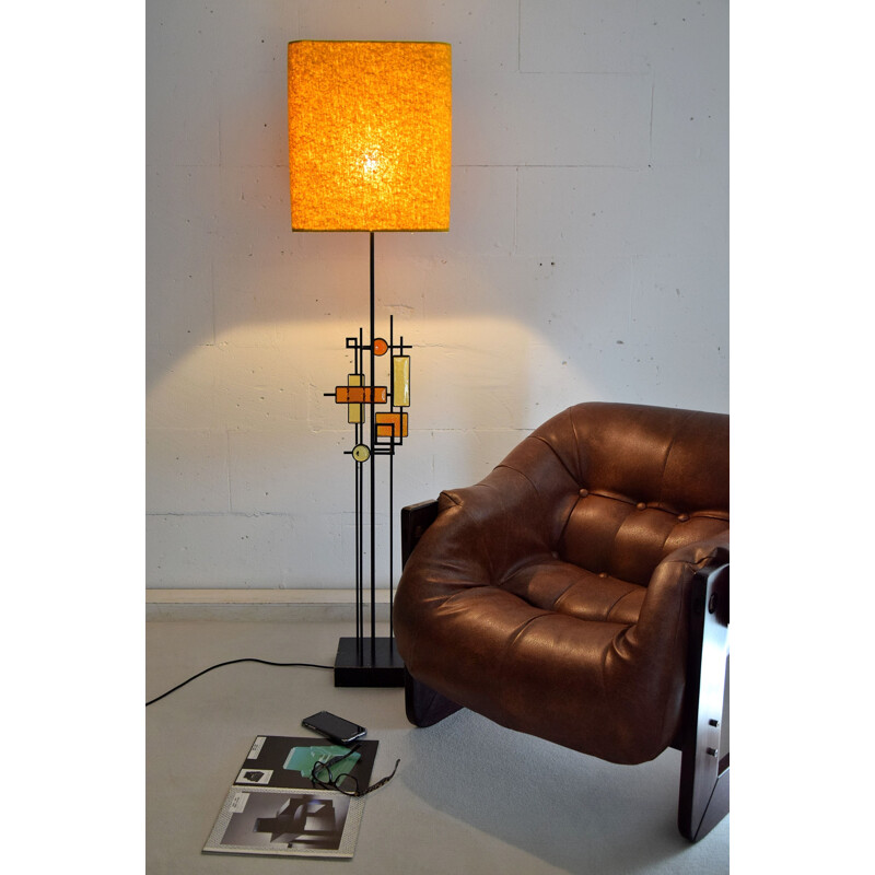 Modern vintage floor lamp in wrought iron and glass by Holm Sorensen, Denmark 1960