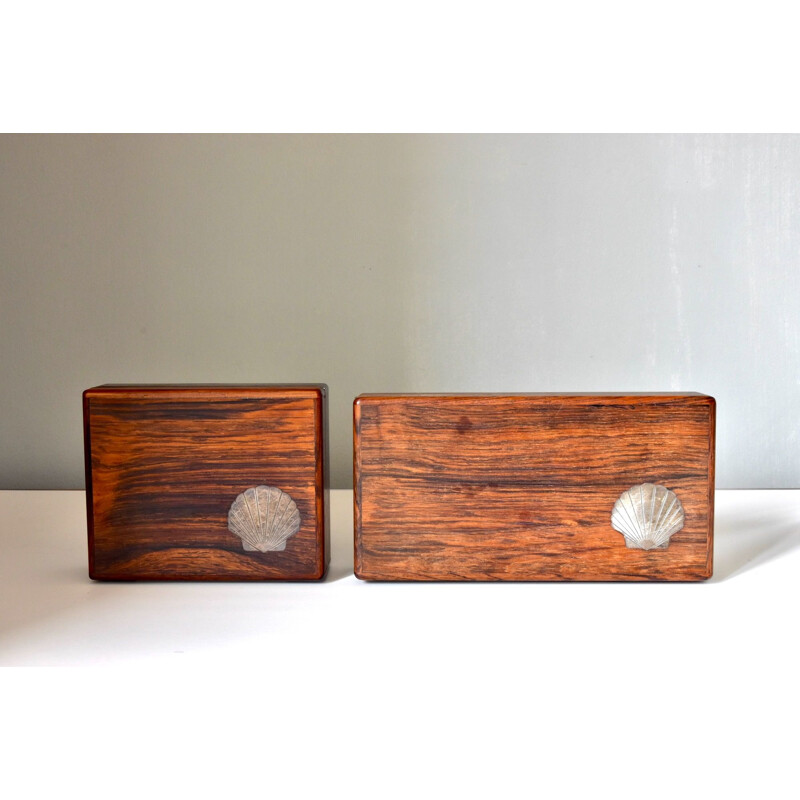 Pair of vintage modern wooden boxes with sterling inlays, Denmark 1960