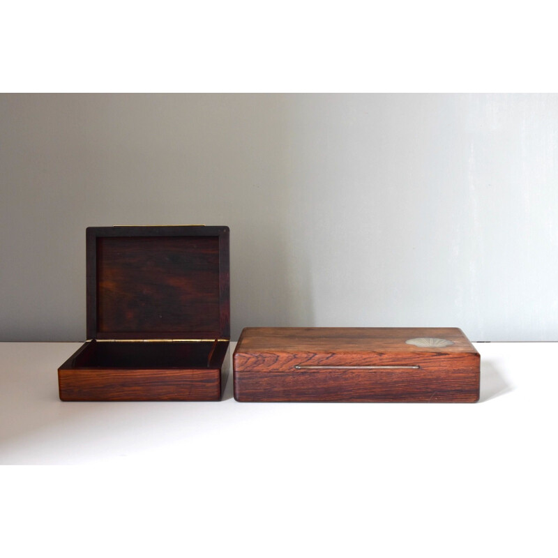 Pair of vintage modern wooden boxes with sterling inlays, Denmark 1960