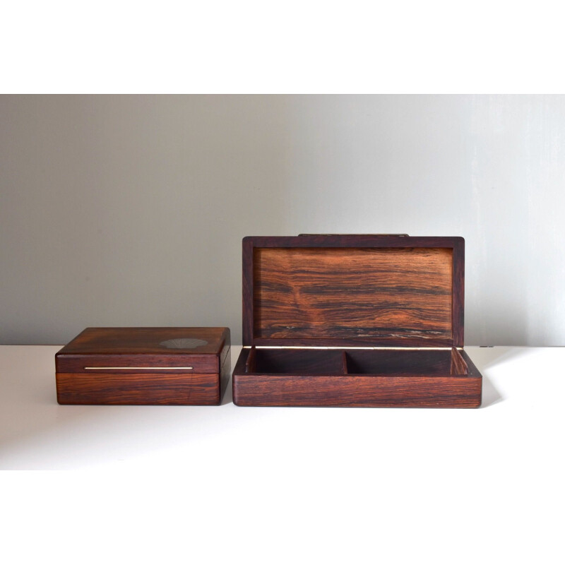 Pair of vintage modern wooden boxes with sterling inlays, Denmark 1960