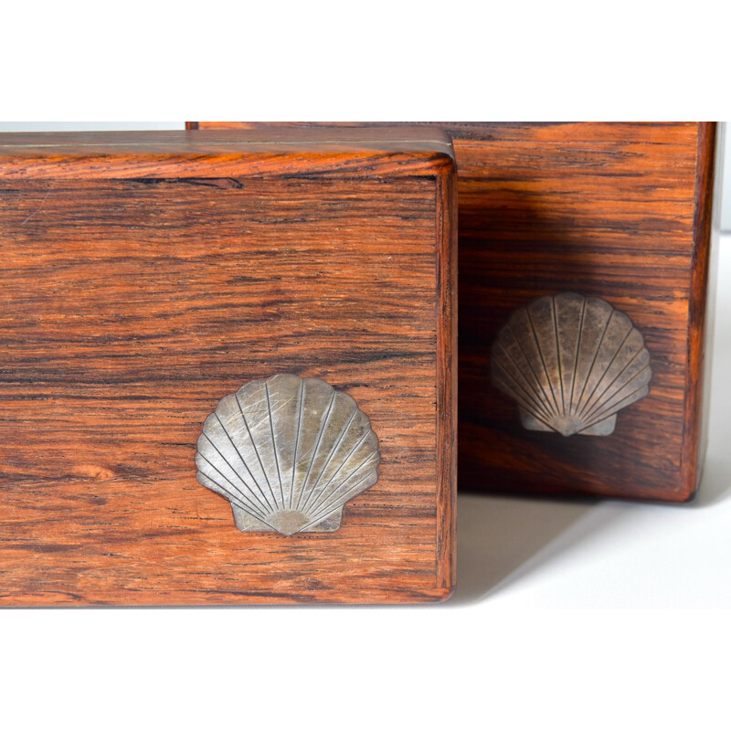 Pair of vintage modern wooden boxes with sterling inlays, Denmark 1960