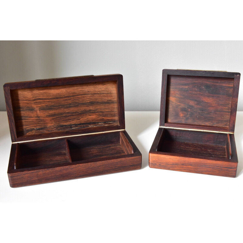 Pair of vintage modern wooden boxes with sterling inlays, Denmark 1960