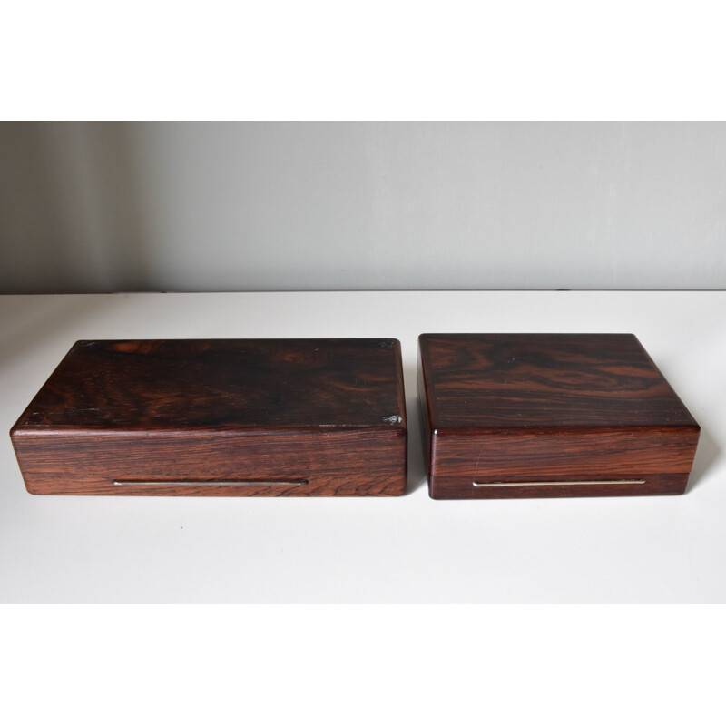 Pair of vintage modern wooden boxes with sterling inlays, Denmark 1960