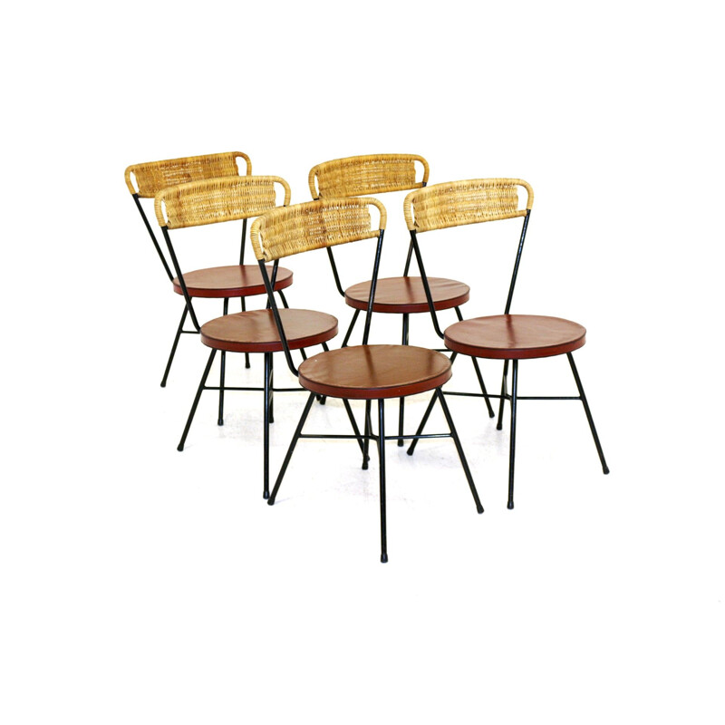 Set of 5 vintage metal and rattan chairs, Sweden 1950s