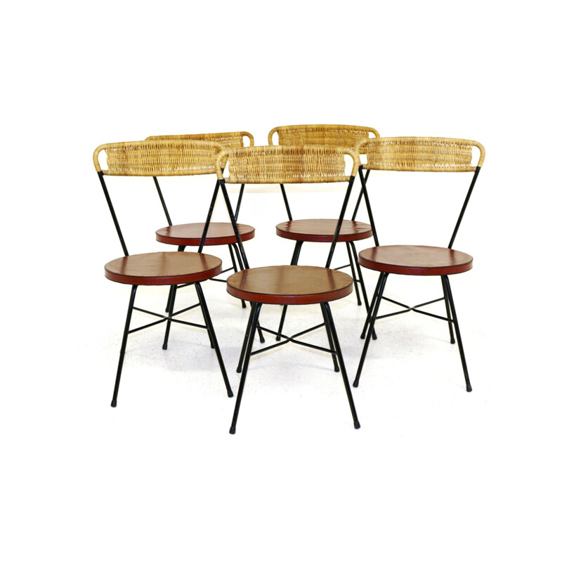 Set of 5 vintage metal and rattan chairs, Sweden 1950s