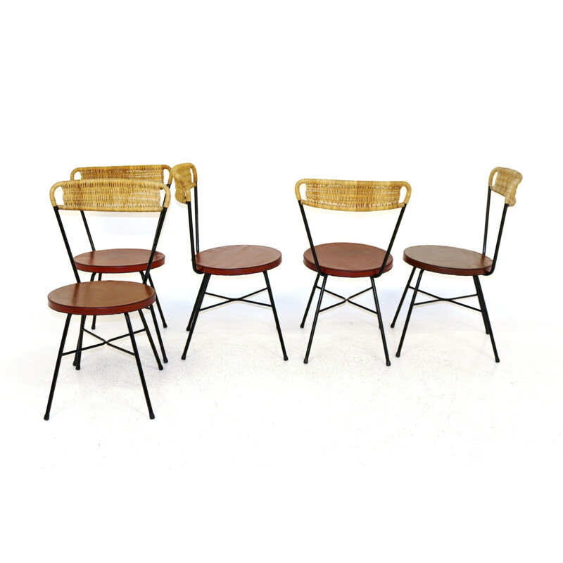 Lot de 5 chaises vintage en métal et en rotin, Suède 1950